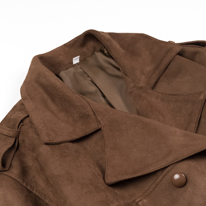 Women's tailored vegan trench coat with shawl collar, tie belt, and shoulder tabs Mune Fashion