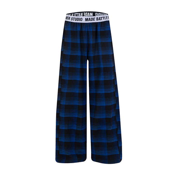Ladies Wide Lounge Pants with Check Pattern and Elastic Logo Waistband Mune Fashion