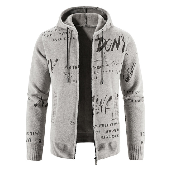 Men's knitted hooded jacket with full-length zipper, graphic all-over print, and side pockets Mune Fashion