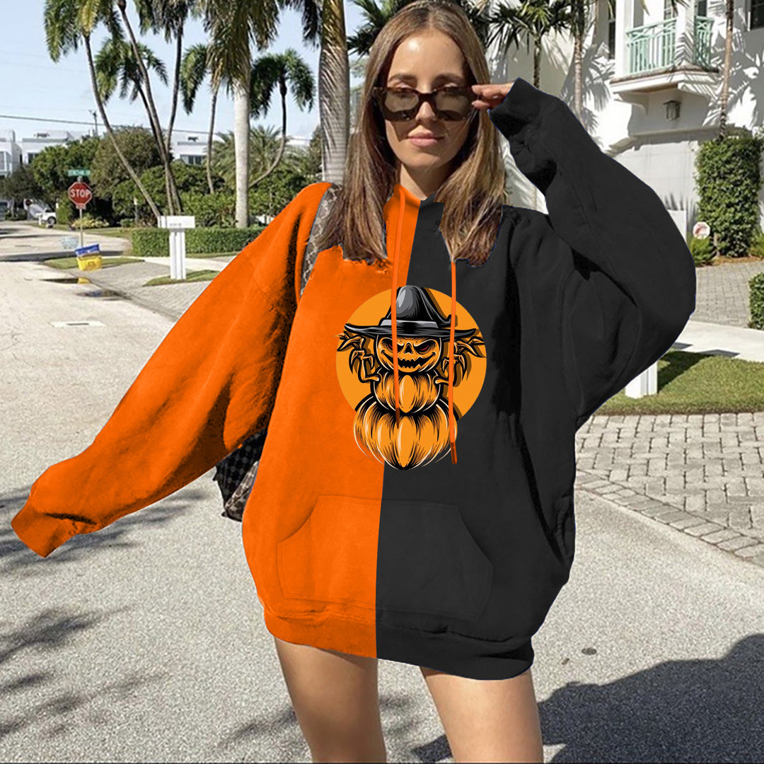 Women's Oversized Hoodie with Halloween Pumpkin Print and Kangaroo Pocket Mune Fashion