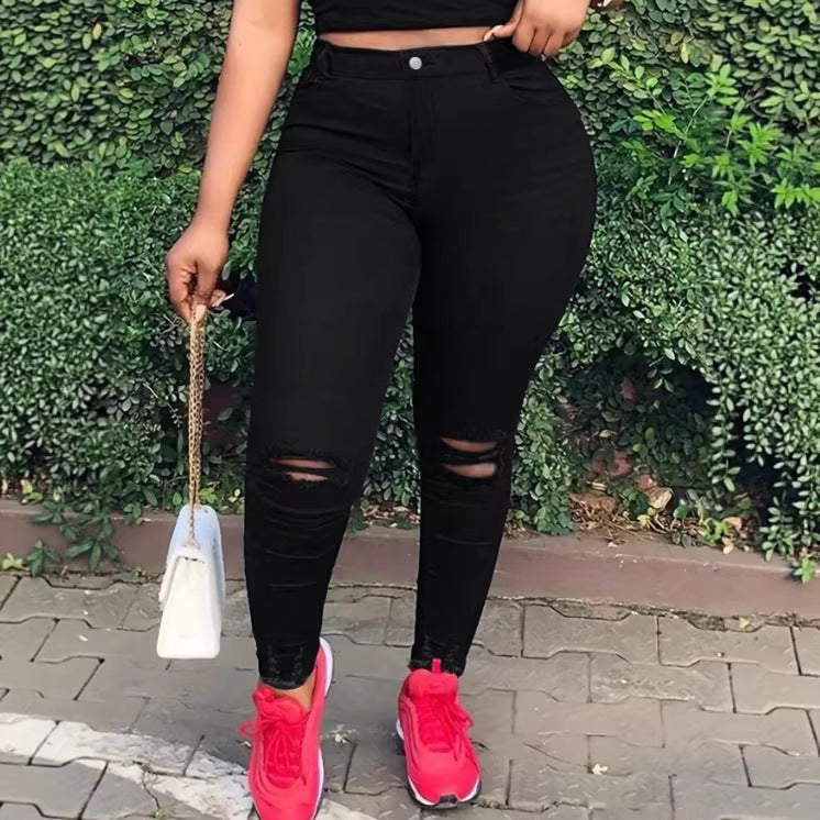 Women high-waisted body-shaping skinny jeans with knee rips and butt-lifting waistband Mune Fashion