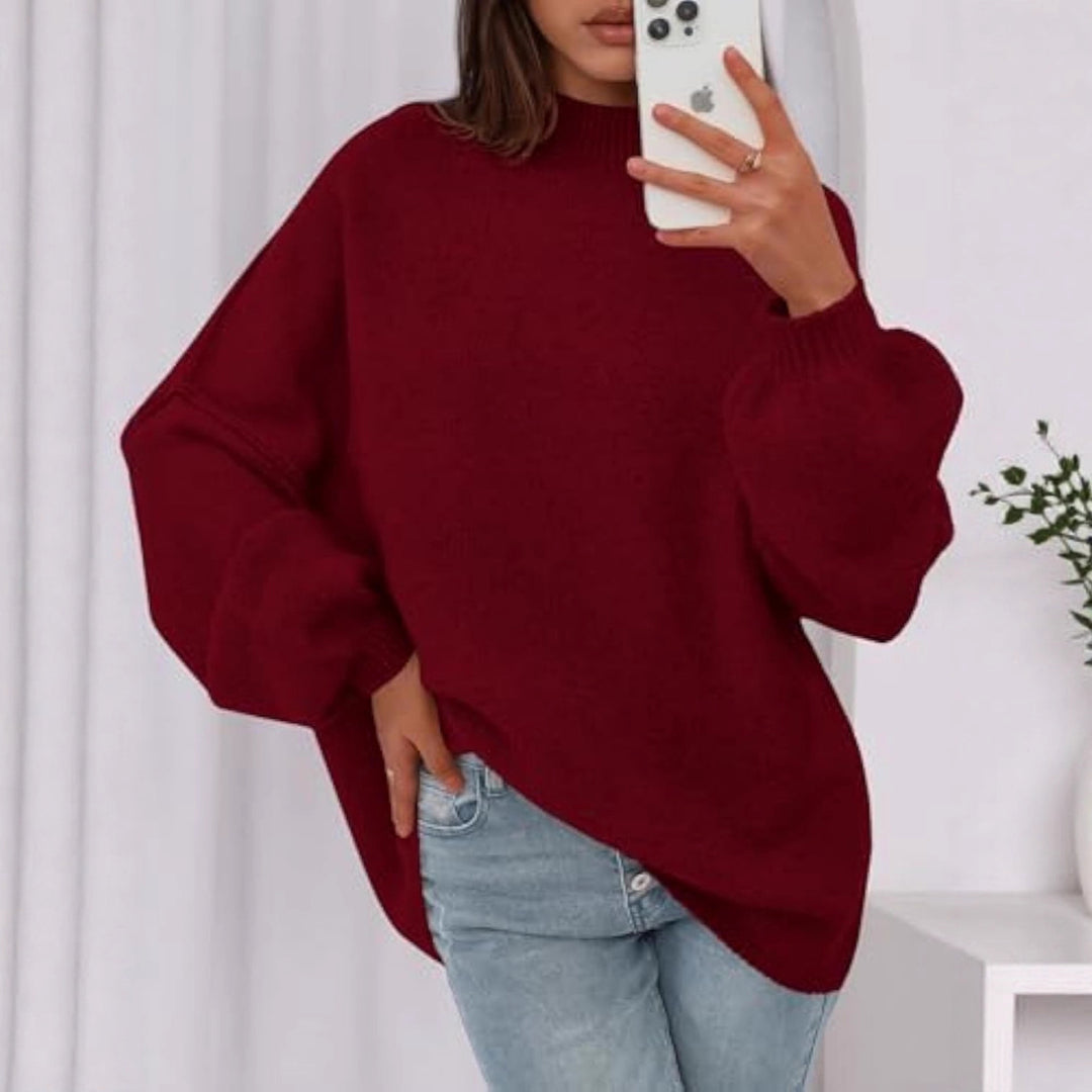 Ladies oversized knitted pullover with stand-up collar and balloon sleeves Drune