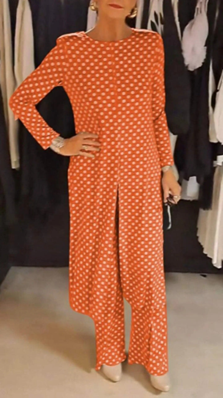 Women Nan Polka Dot Lounge Set with Long A-Line Tunic, Center Front Slit, and Wide Palazzo Pants Mune Fashion