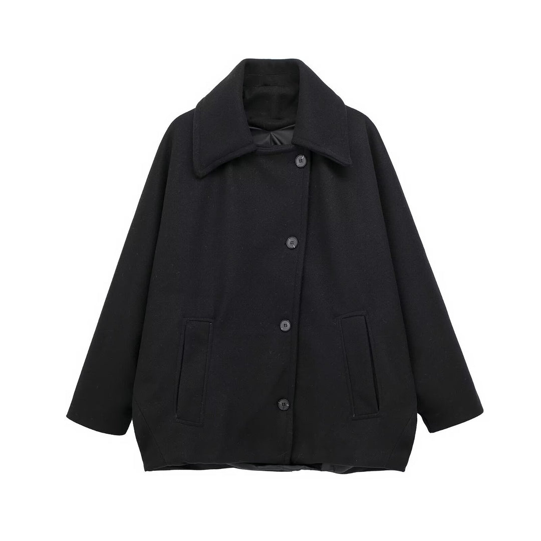 Women's short-cut oversized wool blend caban with wide lapels and boxy silhouette Mune Fashion