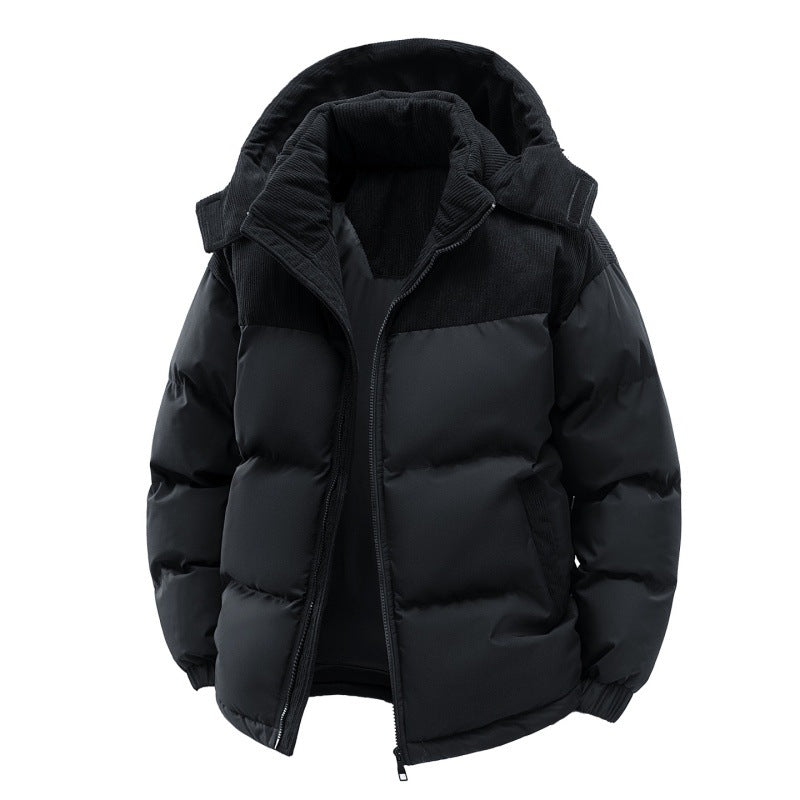 Men's padded quilted jacket with high hood, corduroy shoulder panels, and two-way zipper Mune Fashion