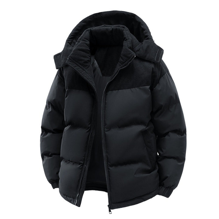 Men's padded quilted jacket with high hood, corduroy shoulder panels, and two-way zipper Mune Fashion