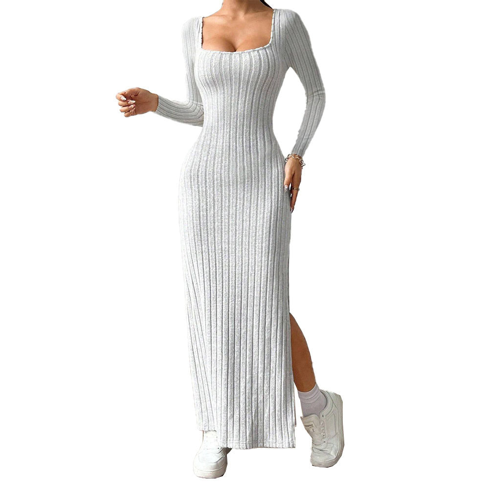 Women's figure-hugging ribbed maxi dress with square neckline and side leg slit Mune Fashion