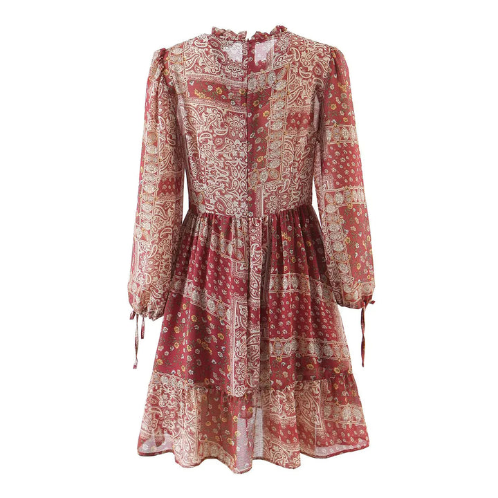 Women's floral Boho midi dress with tiered skirt and ruffled collar Mune Fashion