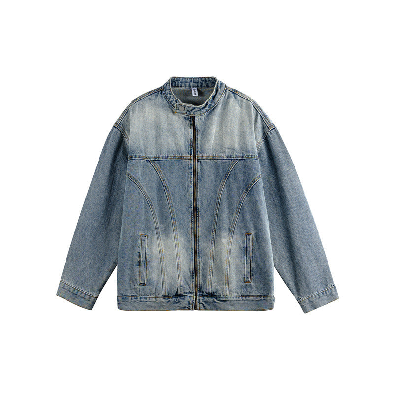 Unisex Boxy Denim Jacket in Workwear Style with Curved Seam and Stand-Up Collar Mune Fashion