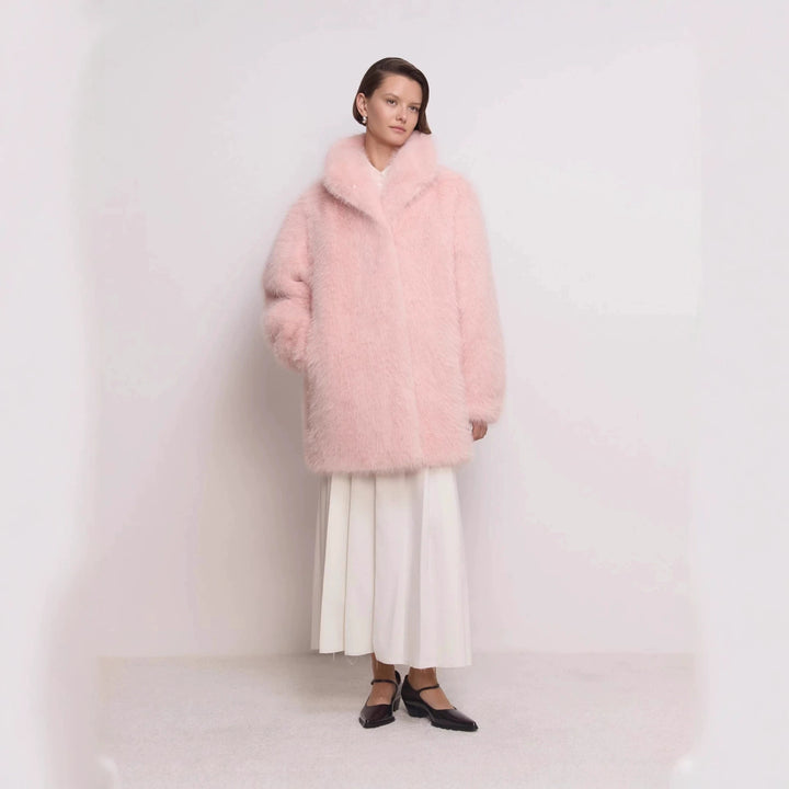 Women's Mid-length fluffy teddy faux fur coat with standing shawl collar Mune Fashion