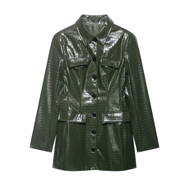 Women’s patent coat with crocodile embossing, fitted cut and button placket Mune Fashion
