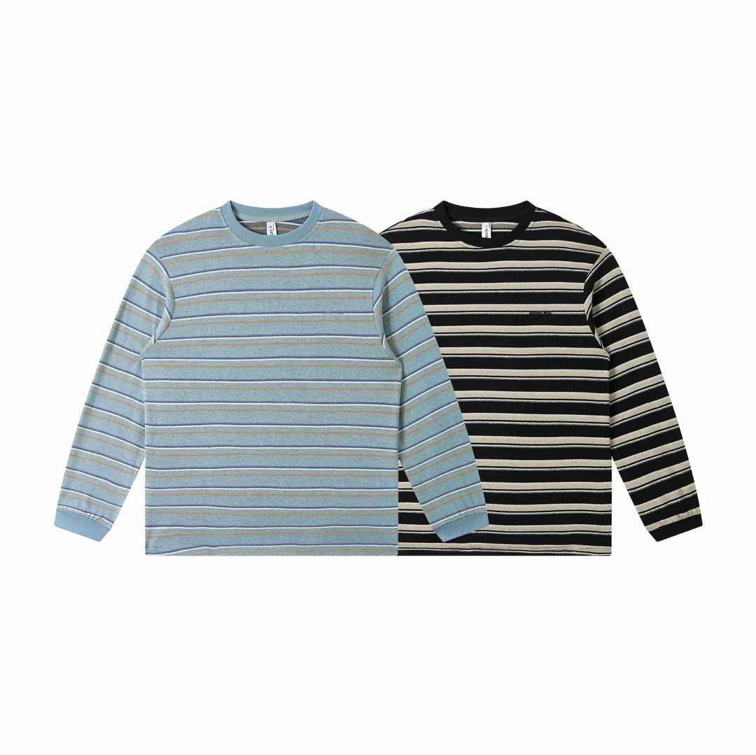 Unisex finely knitted long sleeve shirt with striped structure and ribbed round neck Mune Fashion