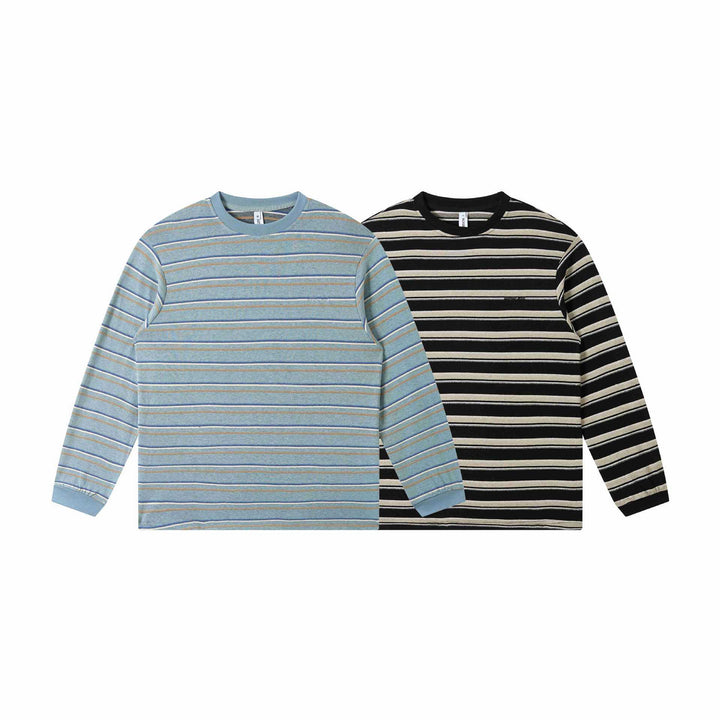 Unisex finely knitted long sleeve shirt with striped structure and ribbed round neck Mune Fashion