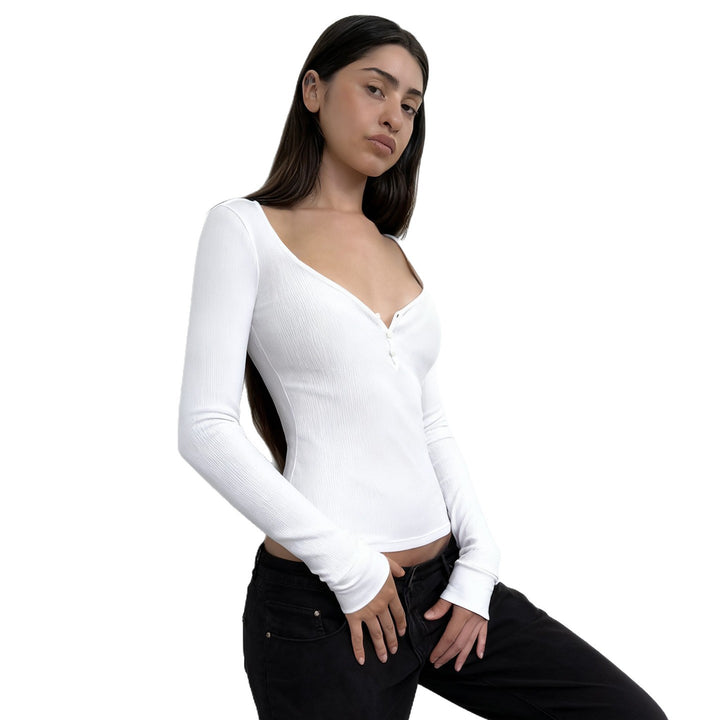 Women's form-fitting ribbed long sleeve Henley top with deep V-neck and button placket Mune Fashion