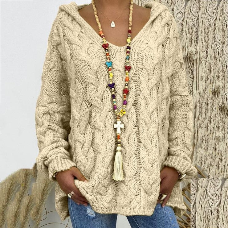 Women's chunky knit hoodie with cable pattern and loose oversized fit Mune Fashion