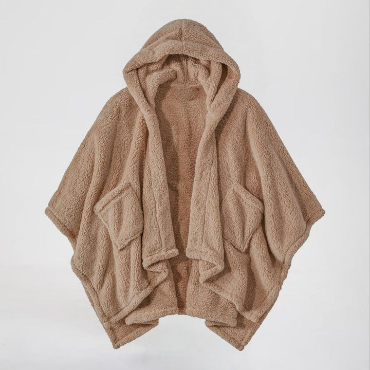 Women's Hooded Poncho made of Teddy Fleece with Applied Pockets Mune Fashion