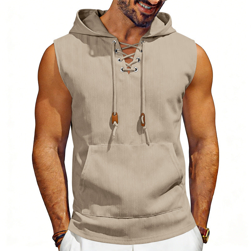 Men's sleeveless hooded vest with lace-up V-neck, kangaroo pocket, and casual fit Mune Fashion