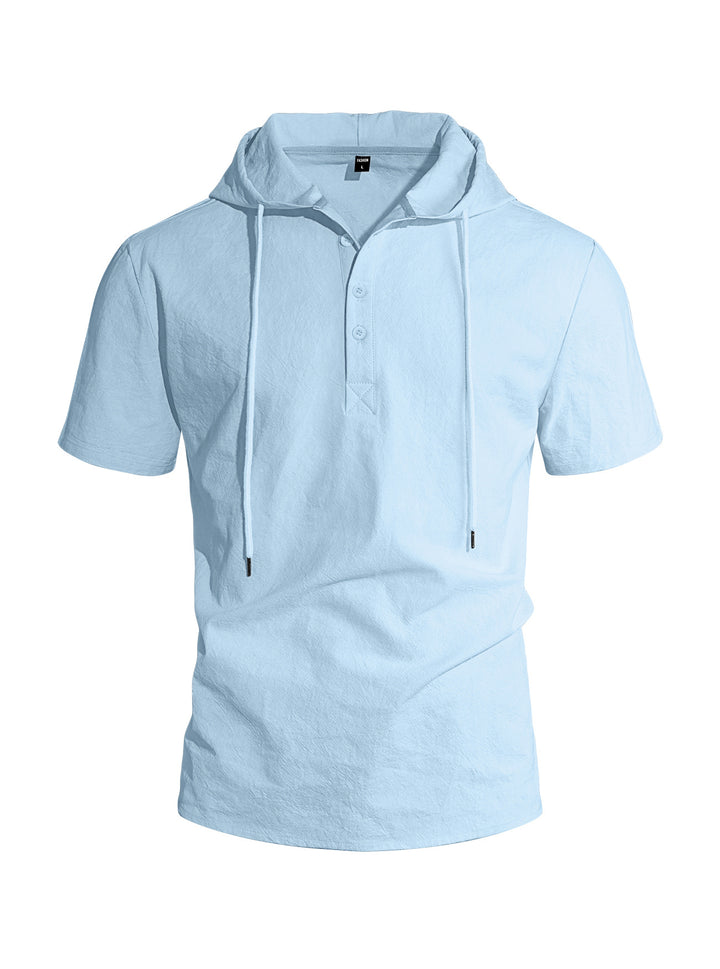 Men's short-sleeved hooded Henley made of slub cotton with concealed button placket and drawstring Mune Fashion