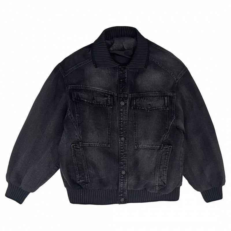 Men's Loose-Fitting Denim Jacket with Ribbed Contrast Collar and Vintage Wash Mune Fashion