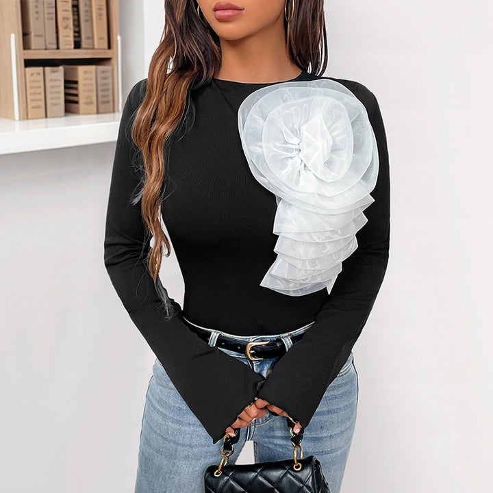 Women\'s figure-hugging bodysuit with asymmetric organza flower appliqué and bell sleeves Mune Fashion