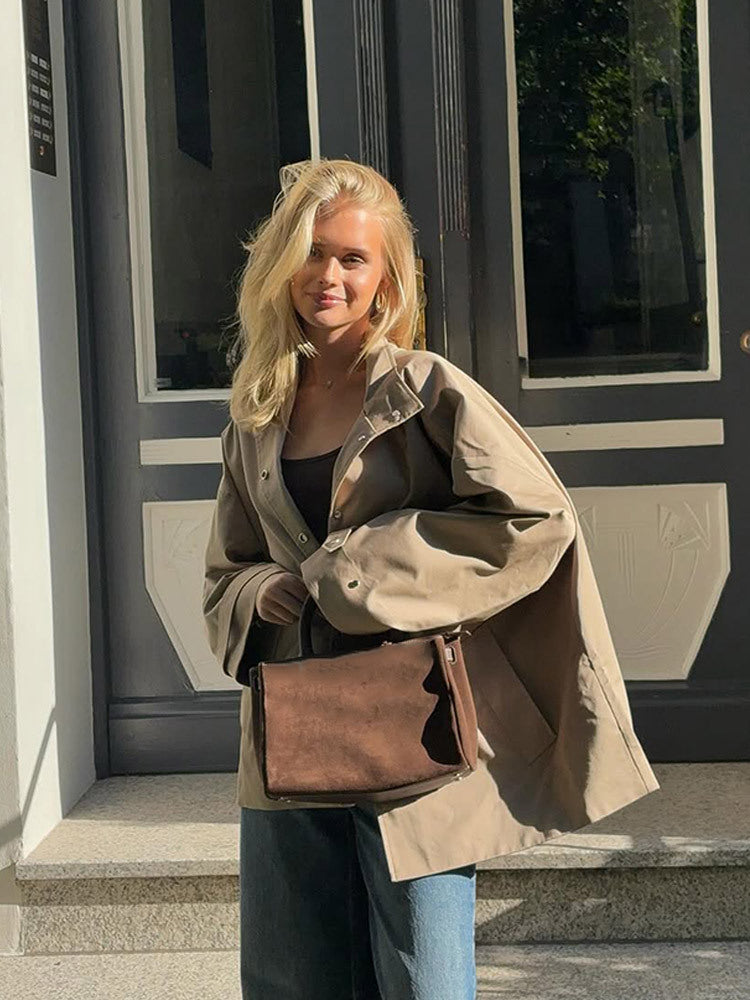 Women's oversized short coat in trench look with boxy silhouette and concealed snap button placket Mune Fashion