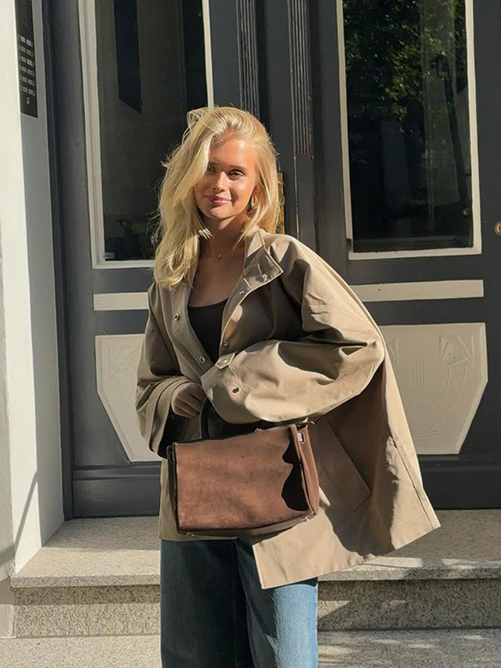 Women's oversized short coat in trench look with boxy silhouette and concealed snap button placket Mune Fashion