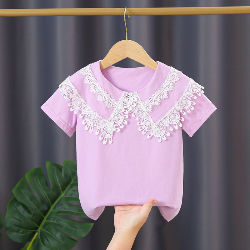 Ladies T-Shirt with Lace Collar Mune Fashion