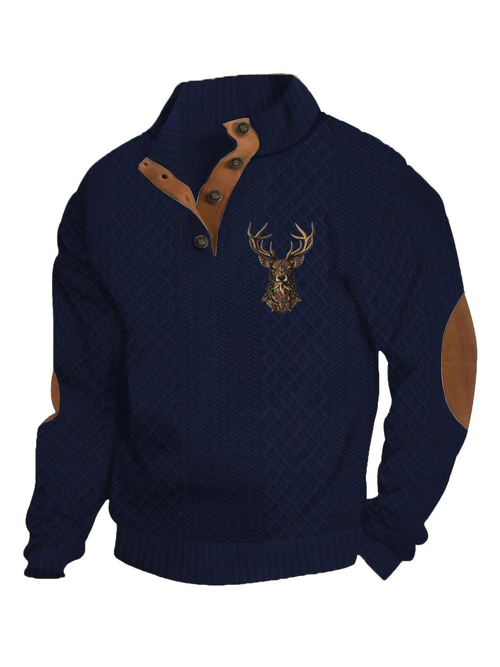 Men's nan Heritage textured pullover with stand-up collar faux leather trim elbow patches and half-button placket Mune Fashion