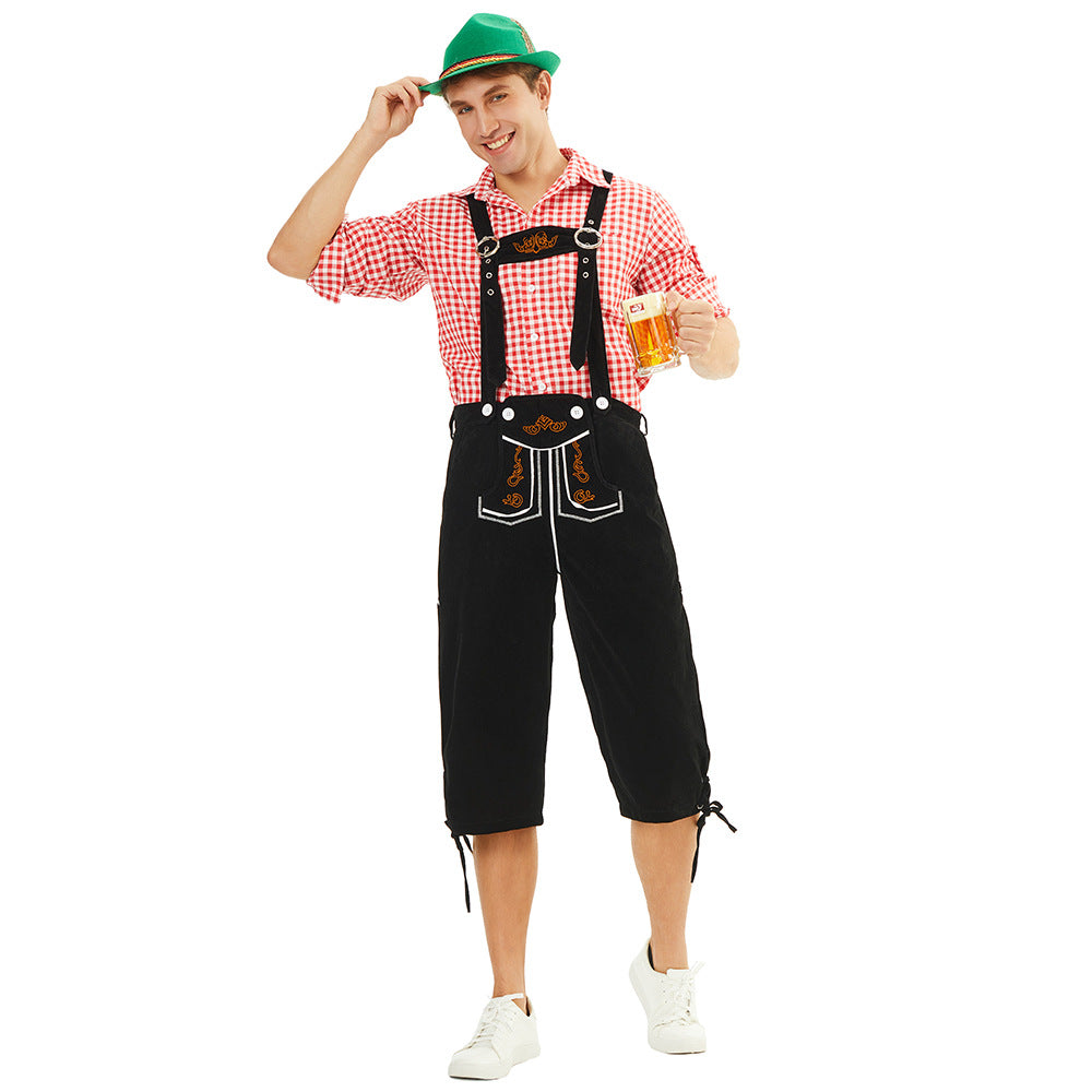 Men's traditional Bavarian leather shorts knee-length with embroidered suspenders Mune Fashion