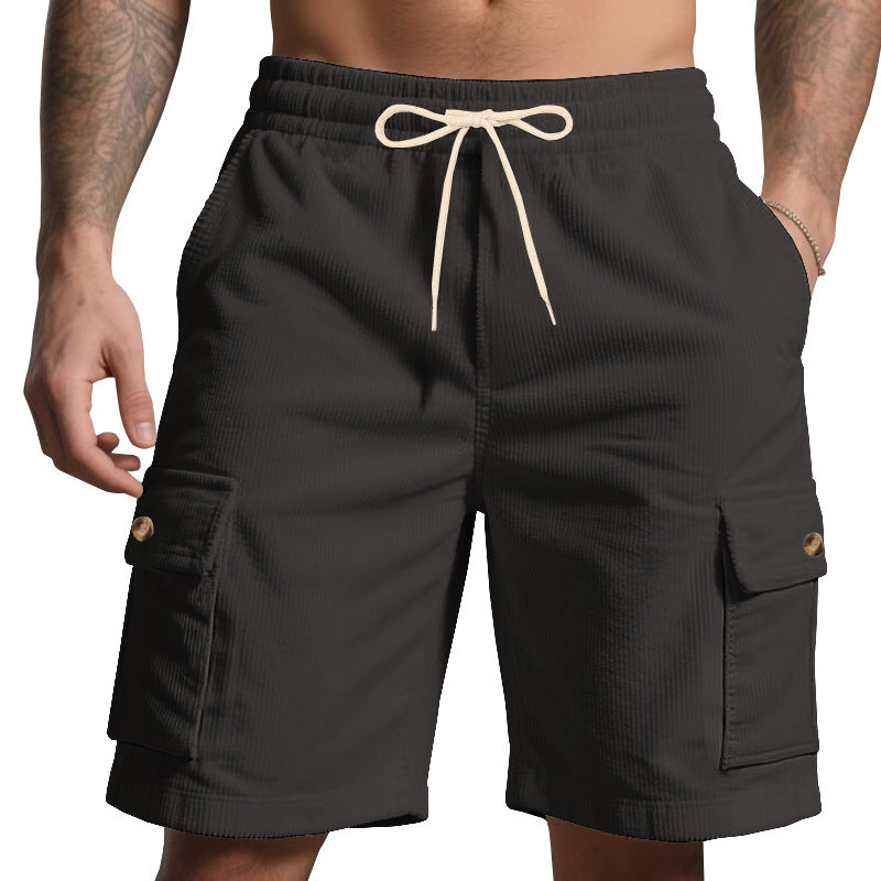Men's cord cargo shorts with elastic drawstring waistband, patch cargo pockets, and soft cotton blend Mune Fashion