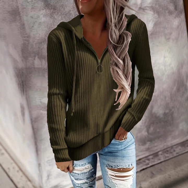 Women's Casual Ribbed Knit Hoodie with Half-Zip and Ring Zipper Drune