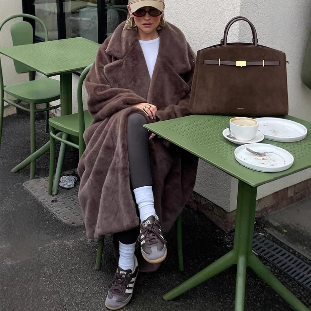 Women's Oversized Faux Fur Maxi Coat with Wide Lapels Mune Fashion
