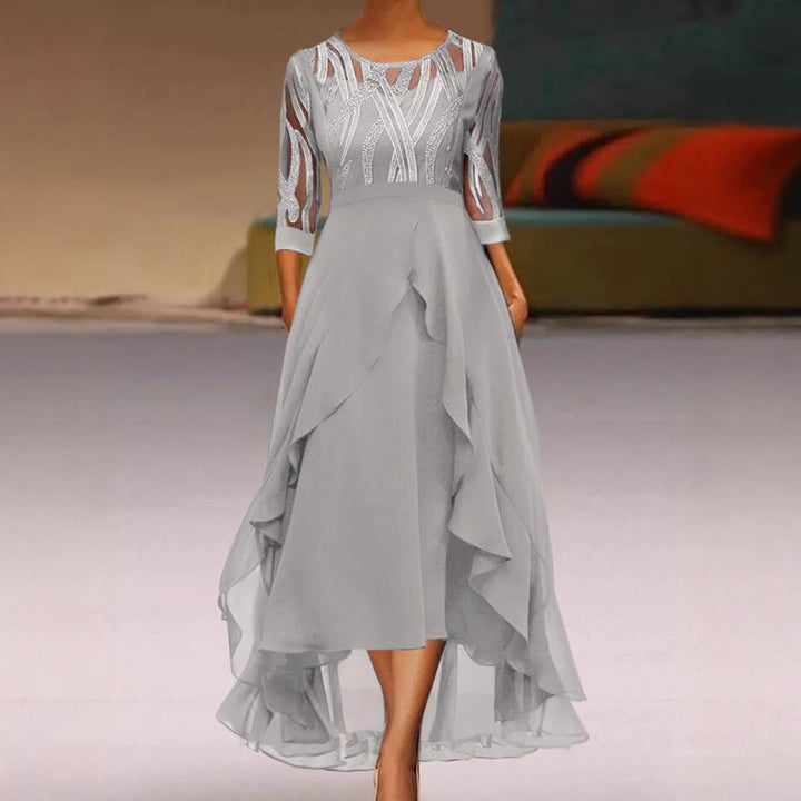 Women's elegant chiffon evening dress with embroidered tulle bodice, three-quarter sleeves, and asymmetric tiered hem Mune Fashion