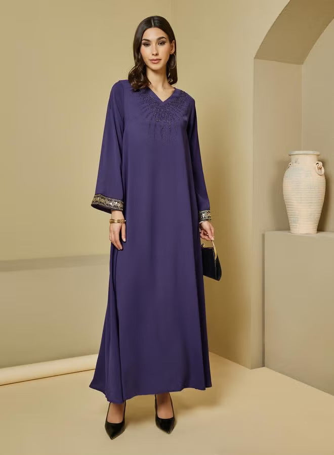Women Elegant Maxi Dress with Embroidered Sleeves Mune Fashion