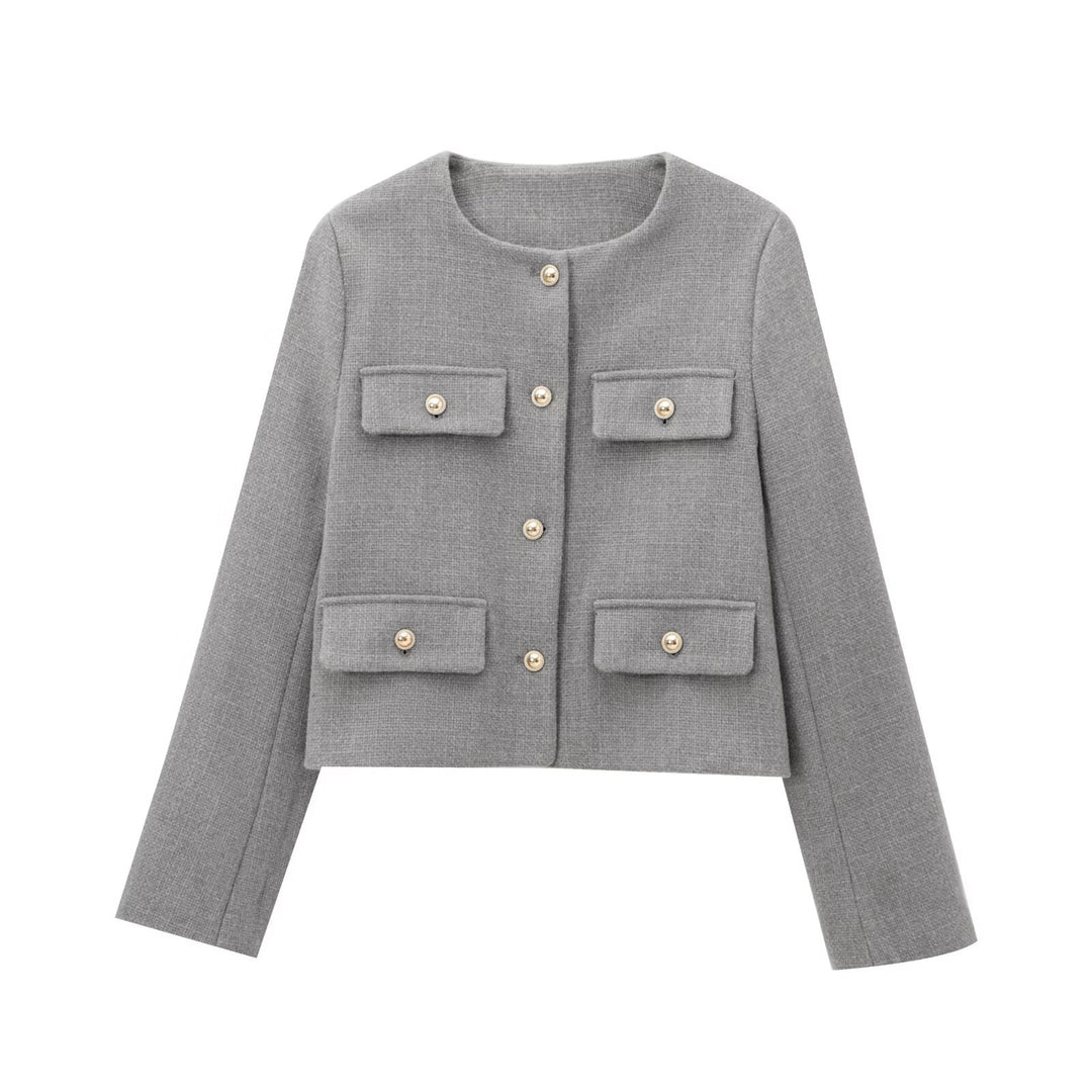 Women's short-cut Bouclé tweed jacket with round neckline decorative button details and attached flap pockets Mune Fashion