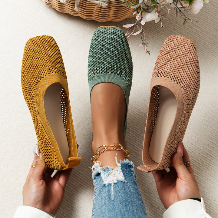 Women Breathable Knit Ballet Flats with Square Toe Mune Fashion