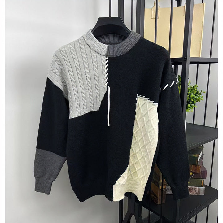Unisex Patchwork-Oversize-Knitted Sweater with Cable and Diamond Pattern, Decorative Contrast Seams and Round Neckline Mune Fashion