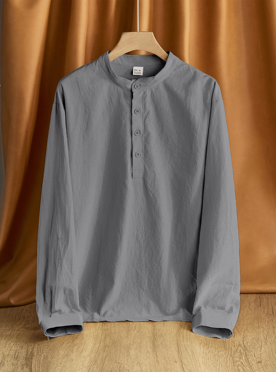 Men's Linen Blend Long Sleeve Henley Shirt with Stand Collar Mune Fashion