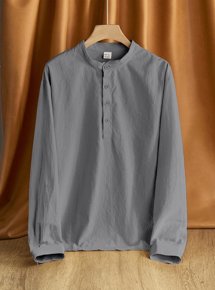 Men's Linen Blend Long Sleeve Henley Shirt with Stand Collar Mune Fashion