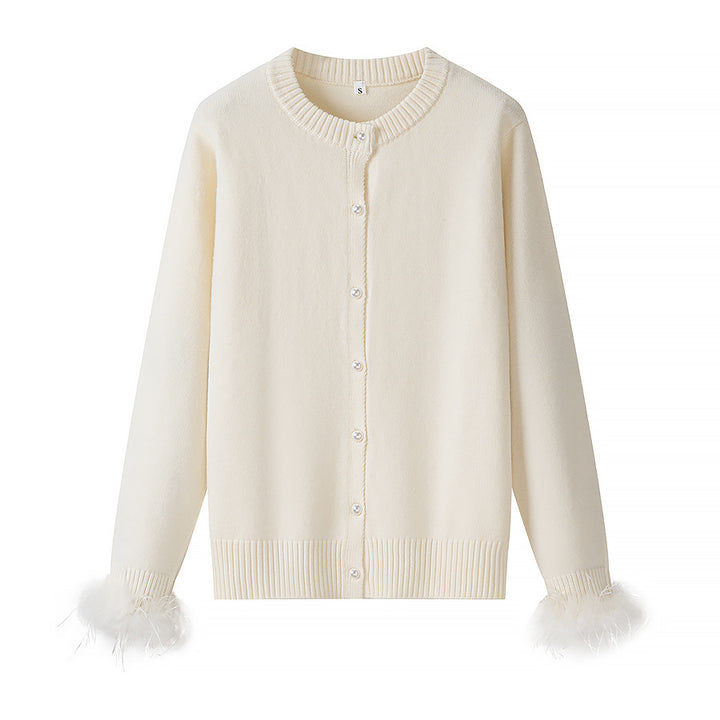 Women's Pearl Button Cardigan with Faux Feather Cuffs Mune Fashion