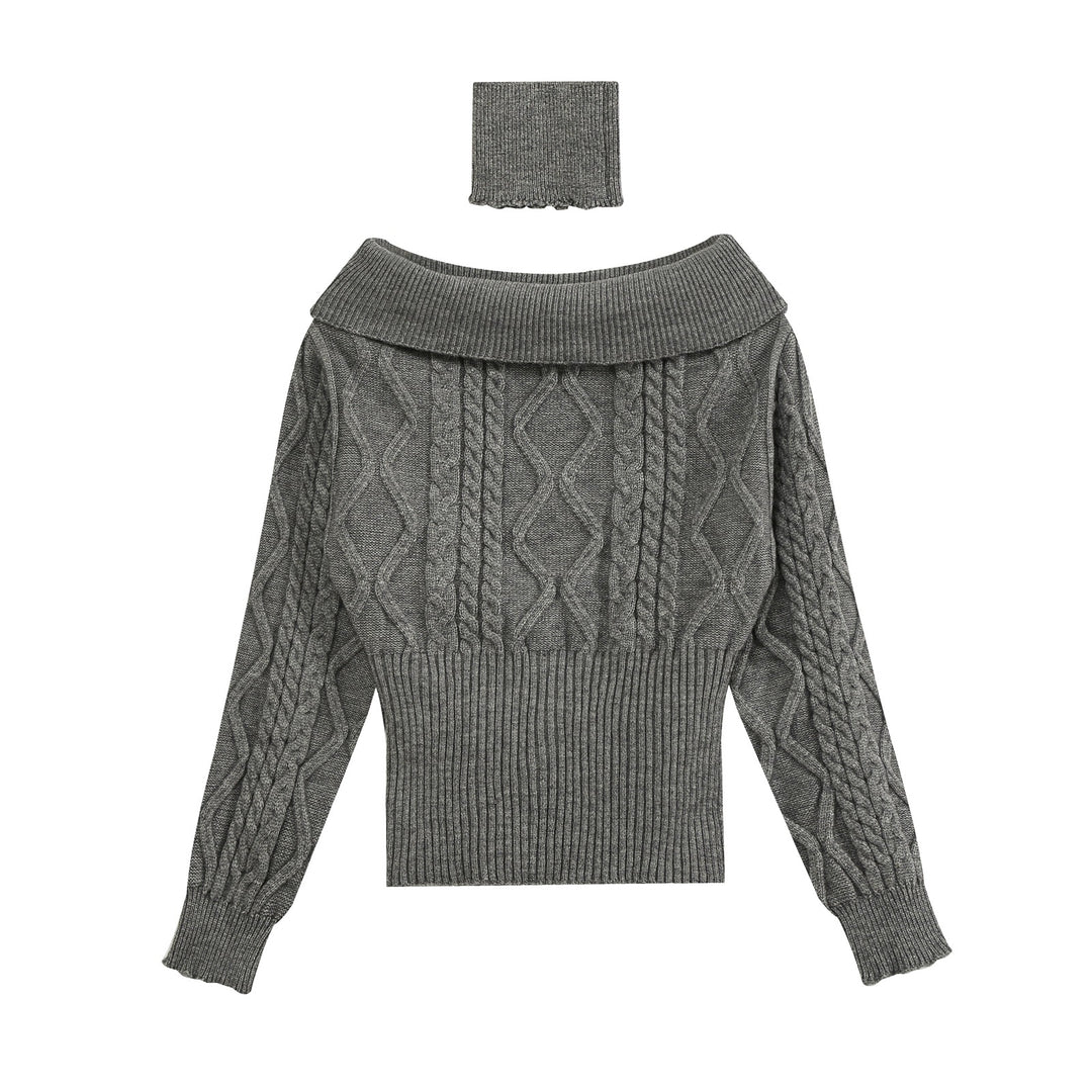 Women's Off-Shoulder Cable Knit Sweater with Wide Ribbed Cuff and Folded Collar Mune Fashion