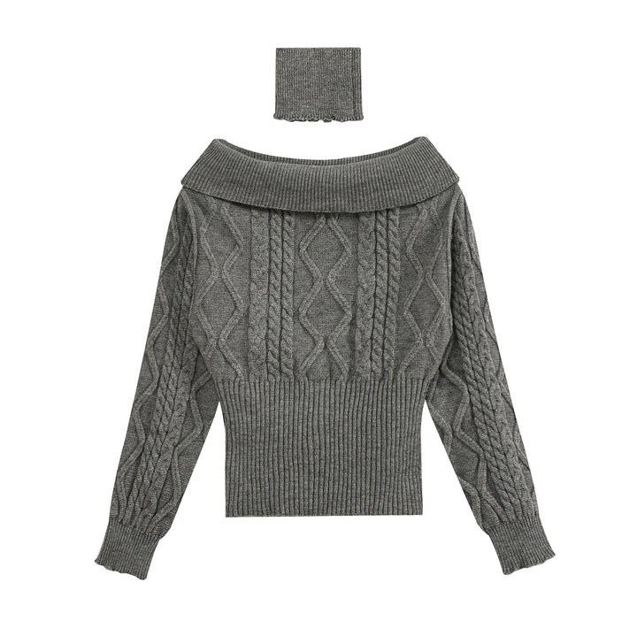 Women's Off-Shoulder Cable Knit Sweater with Wide Ribbed Cuff and Folded Collar Mune Fashion