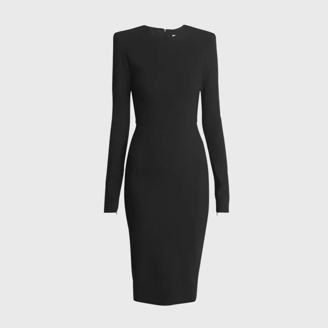 Women's Figure-hugging Midi Dress with Round Neckline and Long Sleeves Mune Fashion