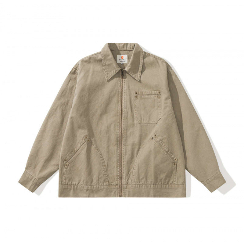 Unisex Boxy Canvas Worker Jacket with Front Zip and Stud Applications Mune Fashion