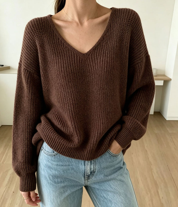 Women's Casual Boxy Chunky Knit Sweater with V-Neck and Ribbed Cuffs Mune Fashion