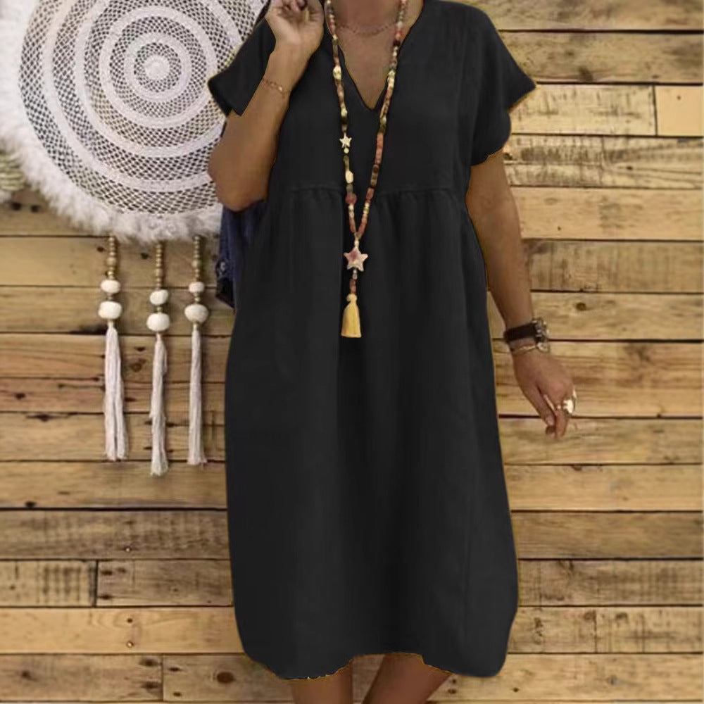 Women's Linen Maxi Dress with V-Neck and Ruffle Details Mune Fashion