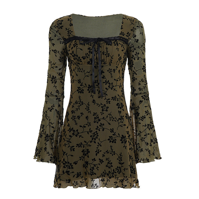 Women's chiffon mini dress with velvet flock floral pattern, empire waist and bell sleeves Mune Fashion