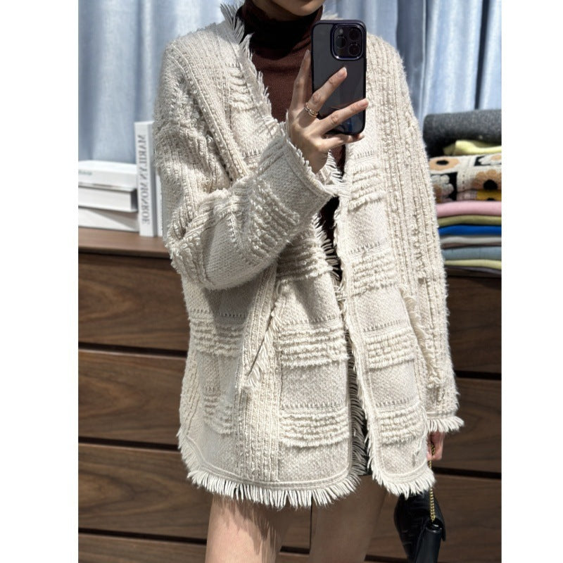 Women Oversized Knit Cardigan with Structured Check Pattern Look, Fringes and Patch Pockets Mune Fashion
