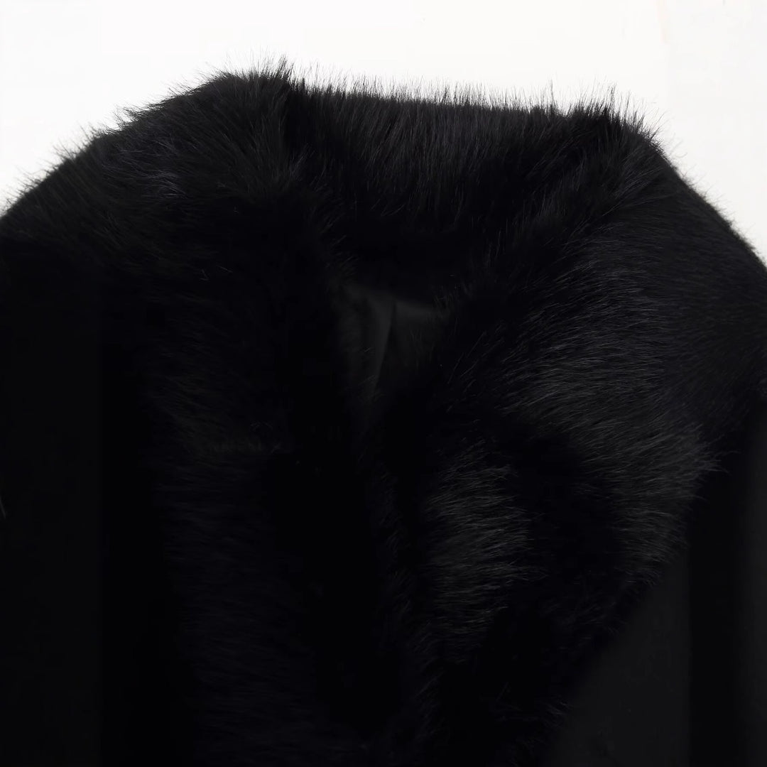 Women Elegant Wool Coat with Large Faux Fur Collar and Tie Belt Mune Fashion