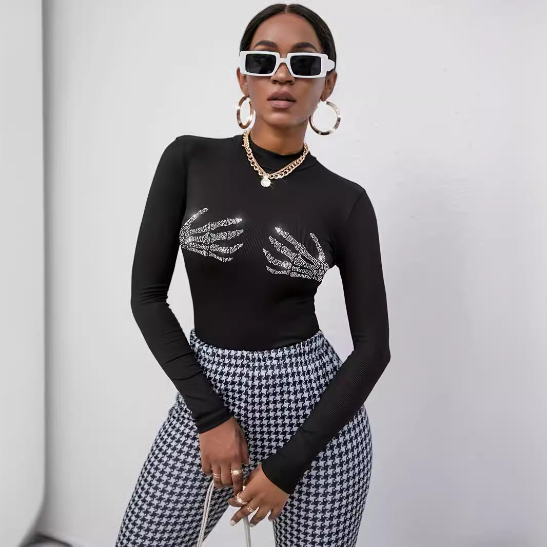 Women’s figure-hugging transparent mesh long sleeve shirt with high collar and rhinestone skeleton motif Mune Fashion